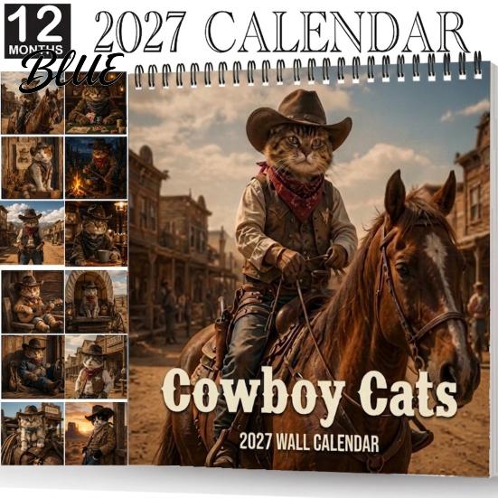 Vintage Style Cat Illustration 12 Calendar 12-Month Cowboy Wall Art 2027 Western Kitten Month Schedule
