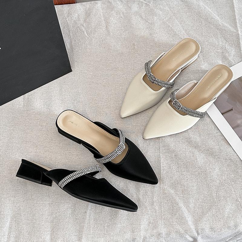 Y097-5 Sandals Women's Summer 2025 New Pointed Heel Thick Heel Baotou Lazy Half Slippers Fashion Outer Wear Fairy Gentle