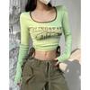 2KWEIRD Print Long Sleeve Tshirts Women Long Sleeve Tunic Summer Tees Crop Tops Bandage Fashion Sexy Y2k T Shirts