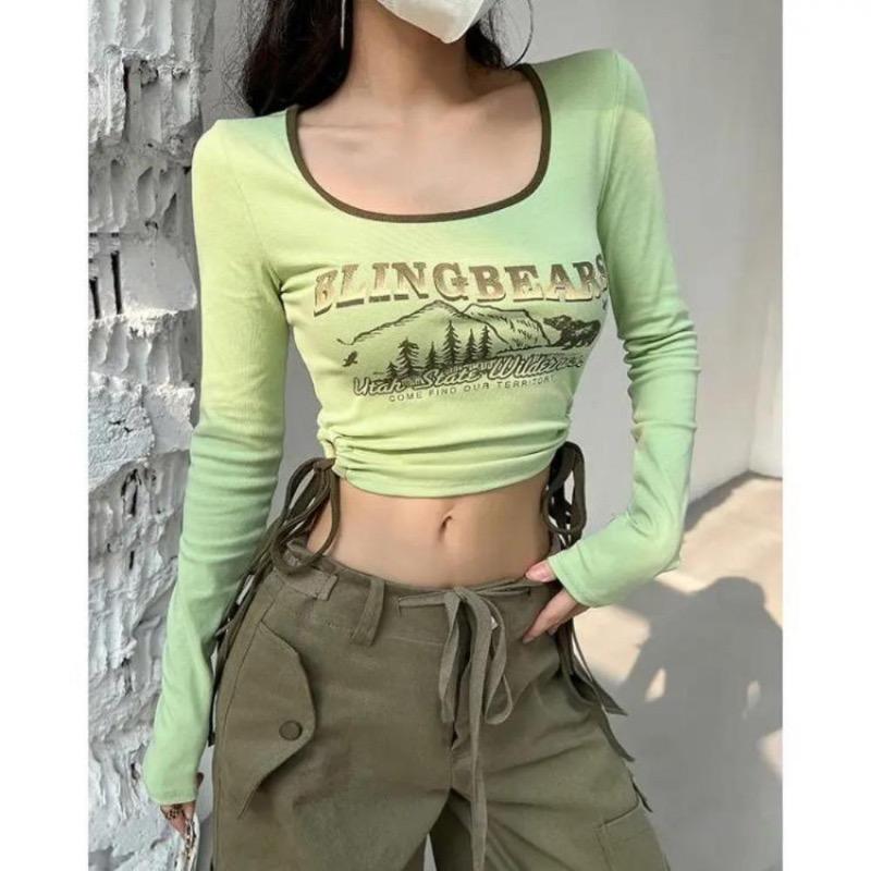 2KWEIRD Print Long Sleeve Tshirts Women Long Sleeve Tunic Summer Tees Crop Tops Bandage Fashion Sexy Y2k T Shirts