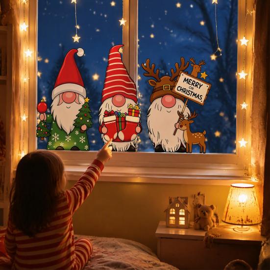 Holiday Glass Clings Christmas Gnome Static Window Sticker, PVC Waterproof Clings, Cartoon Festive Party Supplies Decals, Cute Faceless Dwarf Stickers