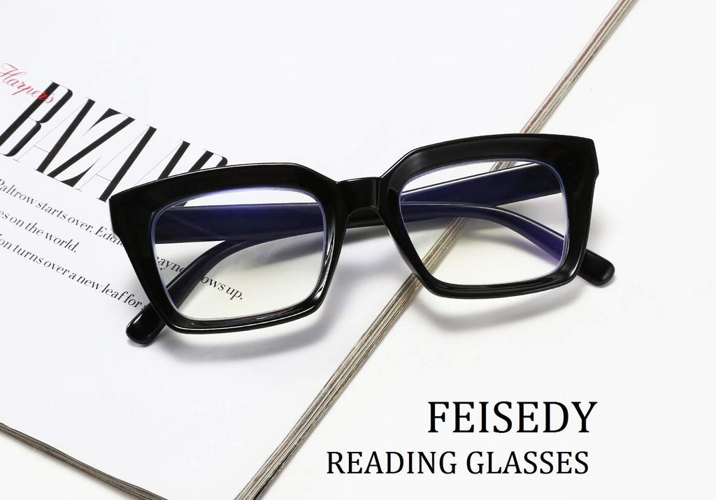 Reading Glasses Blue Light Cut Stylish Popular Retro Square Reading Glasses with Case B2479 [FEISEDY] Women's Men's
