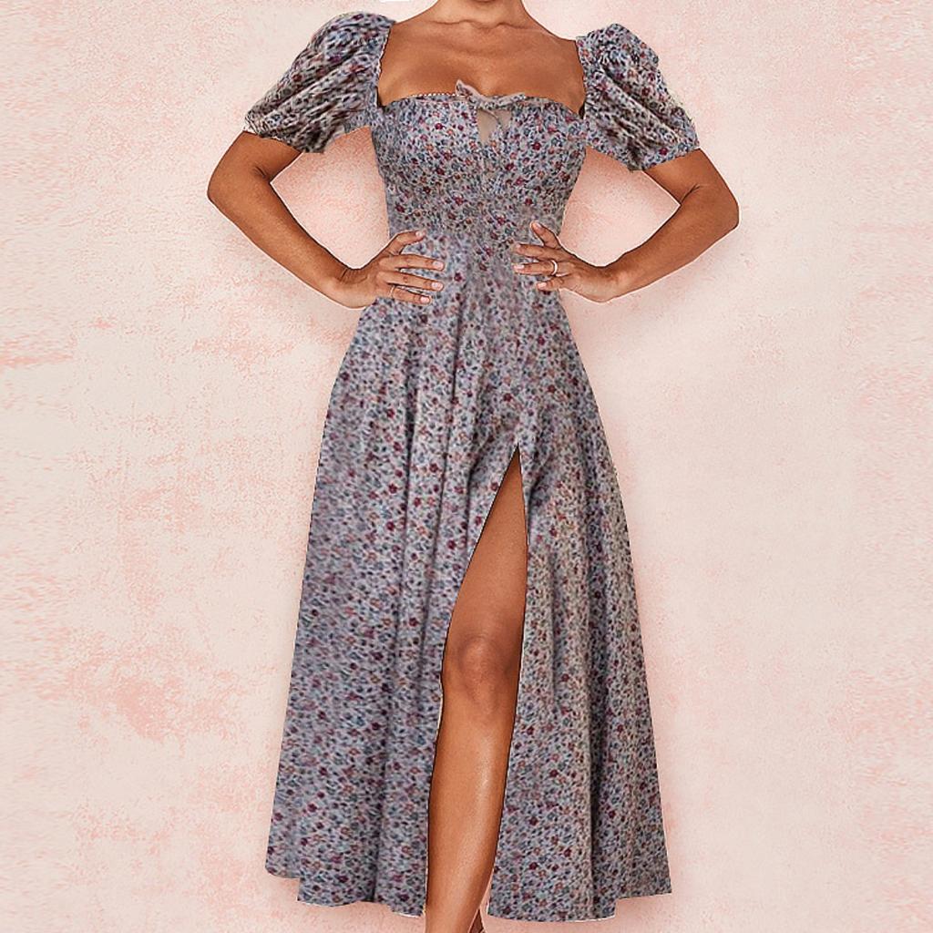 Women's Square Neck Puff Short Sleeve Maxi Dress Slim Fit High Waist Elegant Floral Print Side Slit Dress
