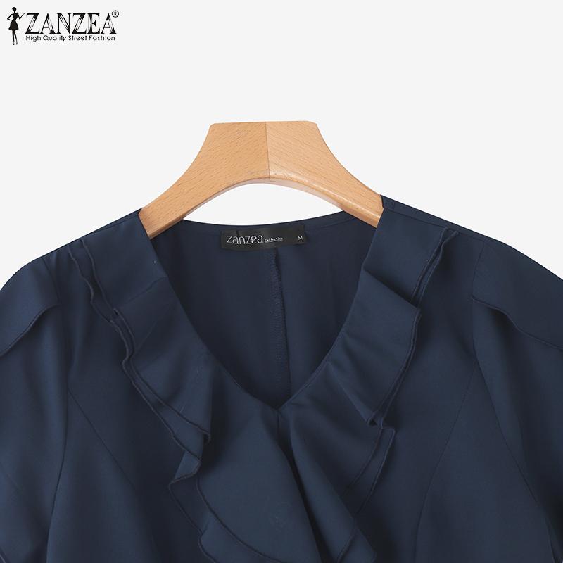 ZANZEA Γυναικεία Καλοκαιρινή Μπλούζα με Βολάν, V-λαιμόκοψη, Καθημερινή, Κοντομάνικη