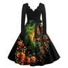 Abito Casual da Donna con Scollo a V e Maniche Lunghe con Stampa Vintage per Outfit da Festa Retro di Halloween