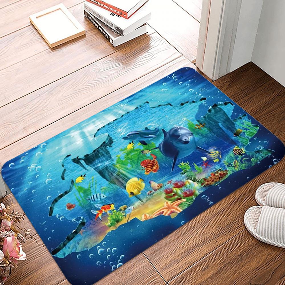 Romantic Sunset Ocean Door Mat with Dolphins and Coral Reefs Non-slip Entrance Rug for Home Decor Living Room Bedroom Decoration