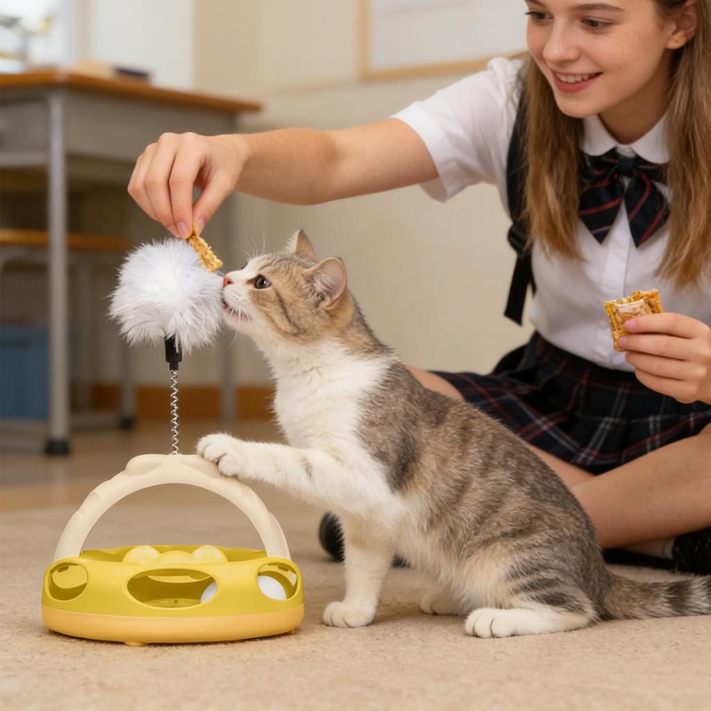 Interactive Cats Turntable Toy With Feather Wand, Multi-Layer Track Puzzle Toy For Indoor Cats, Self-Entertainment & Boredom Relief