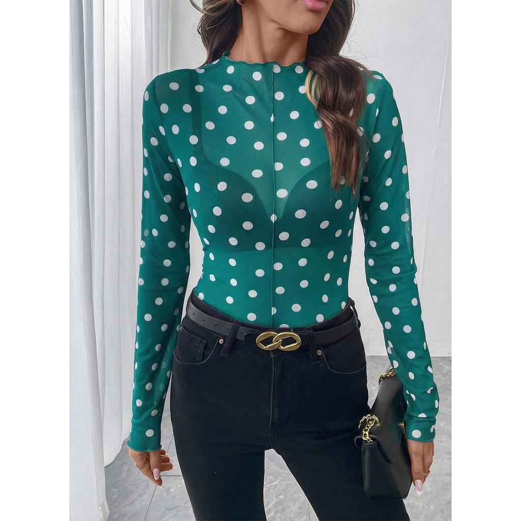 Women Semi Sheer Mesh Polka Dot Long Sleeve Mock Neck Top Lightweight Stretchy Fitted T Shirt Blouse for Layering