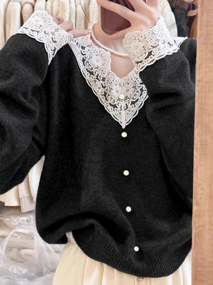 

Кружево Кружево на шее Вязаный свитер Весна Чистый ветер Внутренний топ Женский Модный Нижний свитер L чёрный