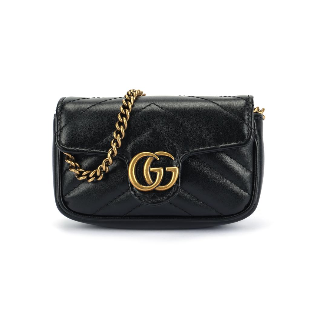 Gucci GG Marmont Distressed Gold Logo Chain Shoulder Bag Quilted Leather Mini Wallet Women Handbags Black 575161-DTDCT-1000