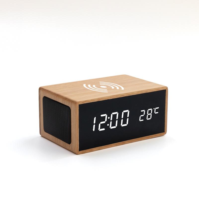 

Креативный многофункциональный беспроводной Bluetooth-динамик, деревянный звуковой будильник с функцией зарядки мобильного телефона, светодиодный будильник