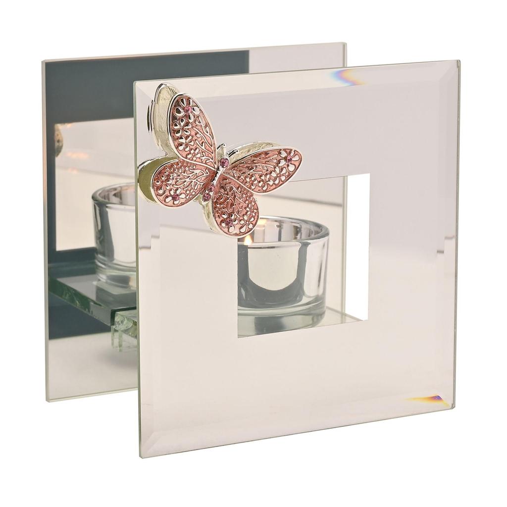 Sophia Pink Butterfly Glass Single Tea Light Holder