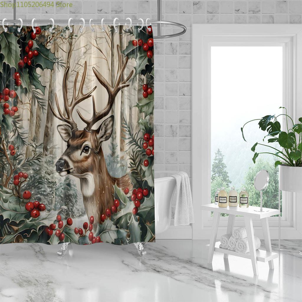 1pc Christmas Reindeer Print Waterproof Shower Partition Privacy Hanging Curtain with 12 Hooks, Multiple Sizes, Machine Washab
