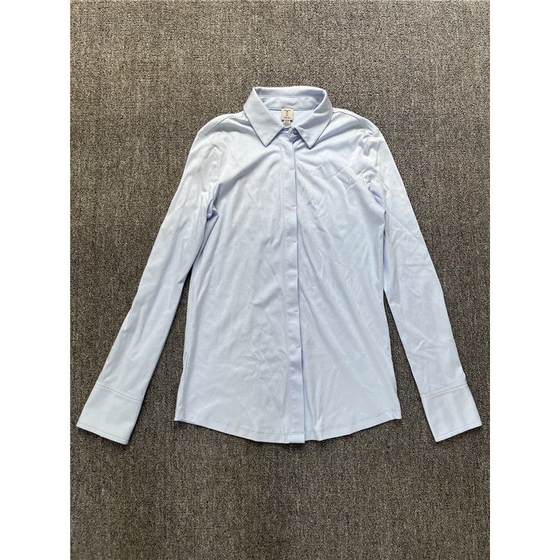 Foreign Trade Surplus Stock, American Comfortable Mercerized Cotton Niche Single-Piece Spring New Style Collared Long-Sleeve Women s Shirt Top Light Blue X S