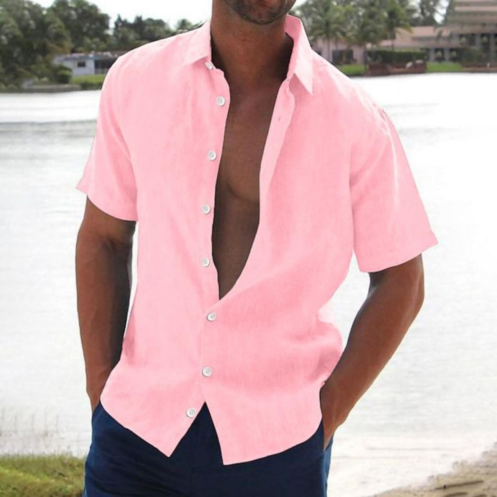 

Men s Lapel Casual Knit Slim,fit Cotton Linen Short,sleeved Shirt XXXL рожевий