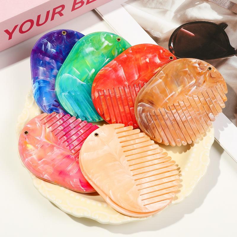 Marble Print Hair Comb Portable With Mirror Foldable Travel Makeup Mirror Acrylic Comb 2 In 1 For Women Hair Accessories
