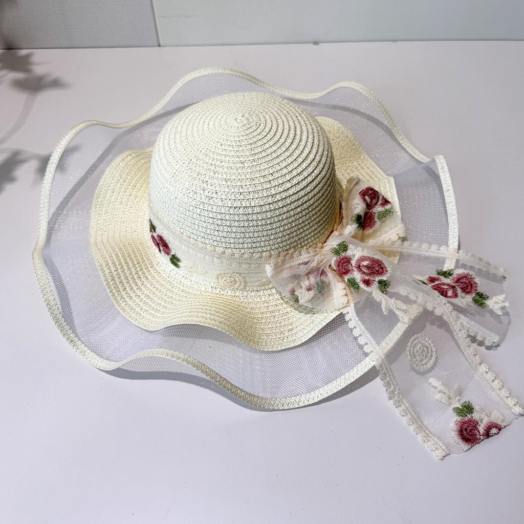 Wave edge flower woven straw hat women's summer seaside vacation sun hat large brim shading sun protection hat