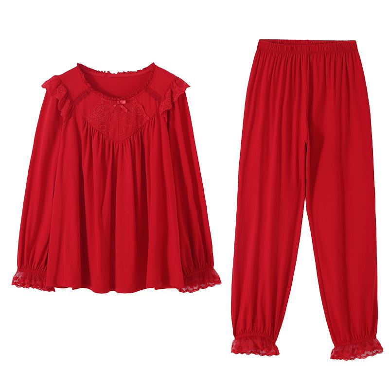 Pajamas Ladies Spring and Autumn Long Sleeve Suit Newlywed Bride Big Red Cotton Festive Birthday Loungewear