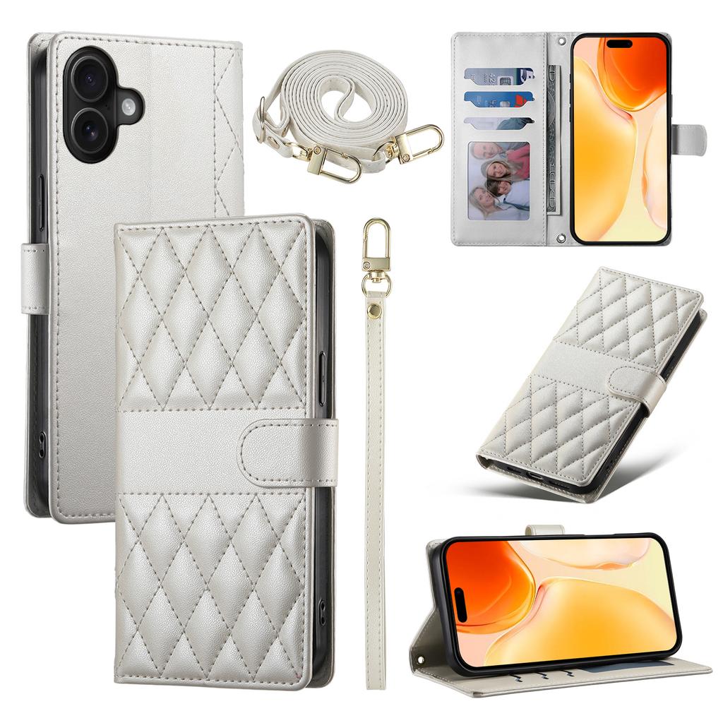 For iPhone 17 Case Rhombus Stitching Wallet Stand Leather Phone Cover with Long/Short Strap