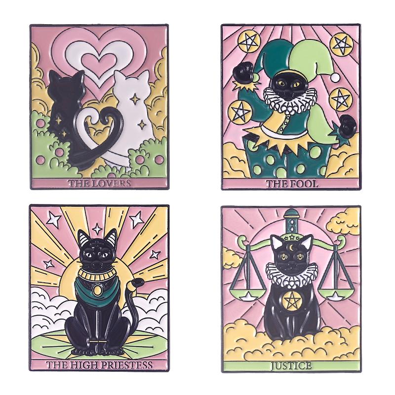 Ölgemälde 3-5 Stück/Set Emaille-Pins Tarotkarten Nachthimmel Schwarze Katze Broschen Anstecknadel Punk Gothic Schmuck Geschenk für Freunde
