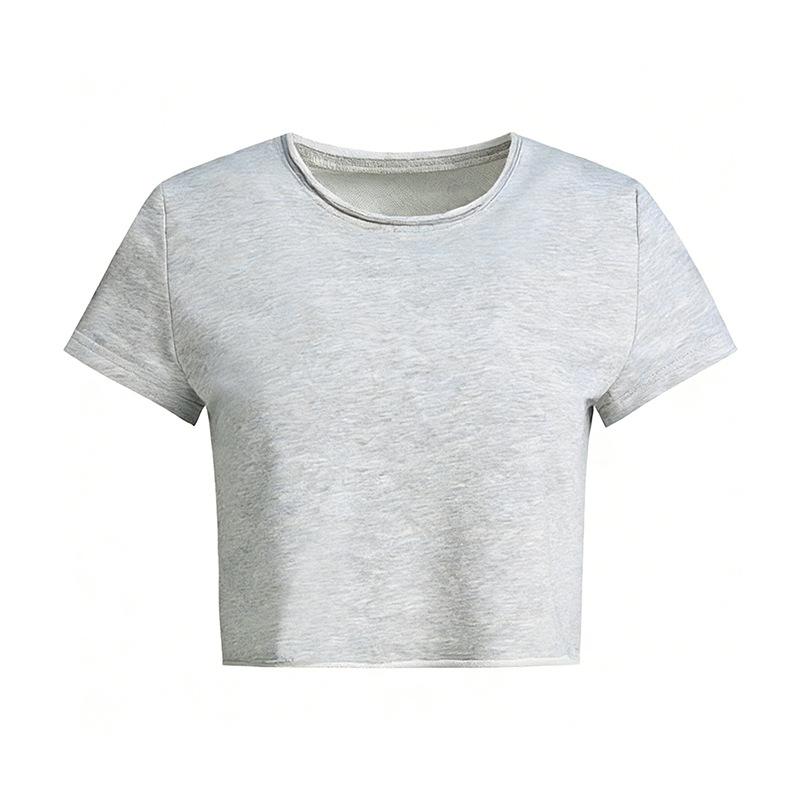 

2026 spring and summer new curling short T-shirt women s open navel inner cover round neck front shoulder summer short sleeve thin top women s( 40-47.5kg ) серый