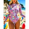 Women Long Sleeve One Piece Swimsuit Zip Front  Fresh Little Flower  Print Rash Guard Surfing Bathing Suit