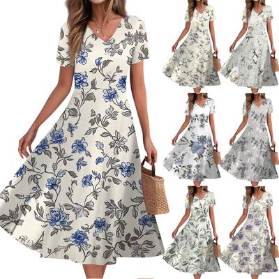 Robe d'été décontractée pour femme, imprimée, à poches, manches courtes, col en V, coupe évasée