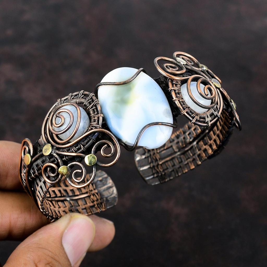 Owyhee Blue Opal Cuff Bracelet Rainbow Moonstone Bangle Copper Wire Wrapped Cuff Bracelet Handmade Adjustable Bangle Gemstone Copper Jewelry