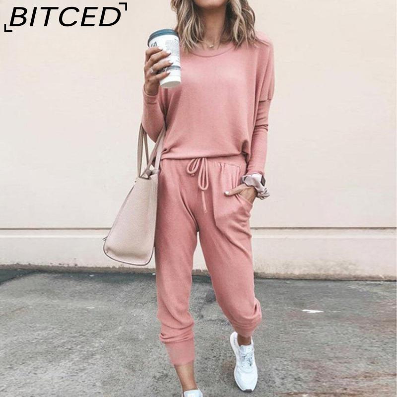 

BITCED Весенне-осенний женский свободный однотонный повседневный костюм с длинными рукавами и длинными брюками S розовый