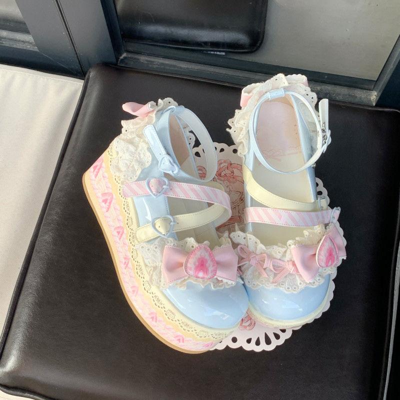 Fashion Sweet Girls Lolita Flat Platform ,Female Students Lace Strawberry Bowknots Cute Marry Jane Elevator Shoes