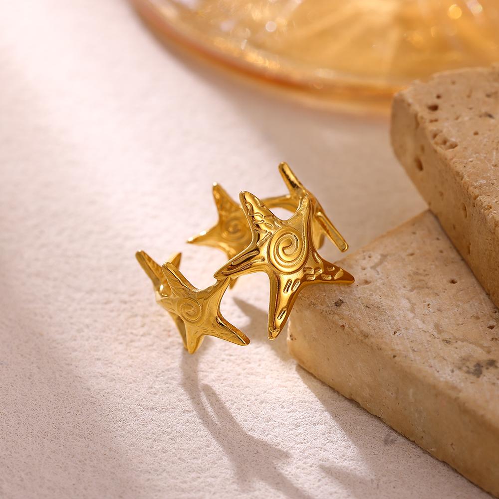 Summer Beach Style Gold Color Open Rings Stainless Steel Starfish Seashell Palm Tree Anillos Waterproof Ring Jewelry For Women
