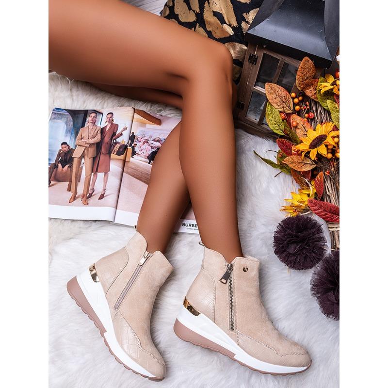 Low Tube Round Head Solid Color Inner Heightening Side Zipper Brown Women's Martin Boots Thick-soled Snow Boots