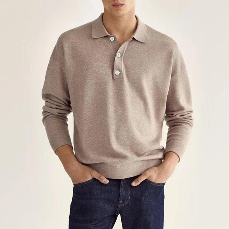 Spring and Autumn Long Sleeve V-Neck Buttons Men's Casual Top Polo Shirt