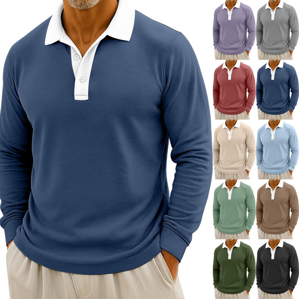 Men's Casual Color-Blocked Button-Up Long-Sleeve Tops