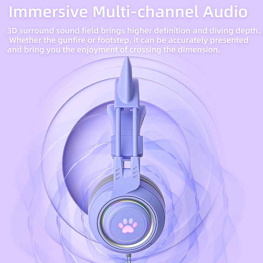 Cat Ear Headphones Purple Gaming Headset with Mic for Switch Xbox One PS4 PS5, Cute Girl Kids Wired Headphones Light up Kawaii Kitty Noise Cancelling