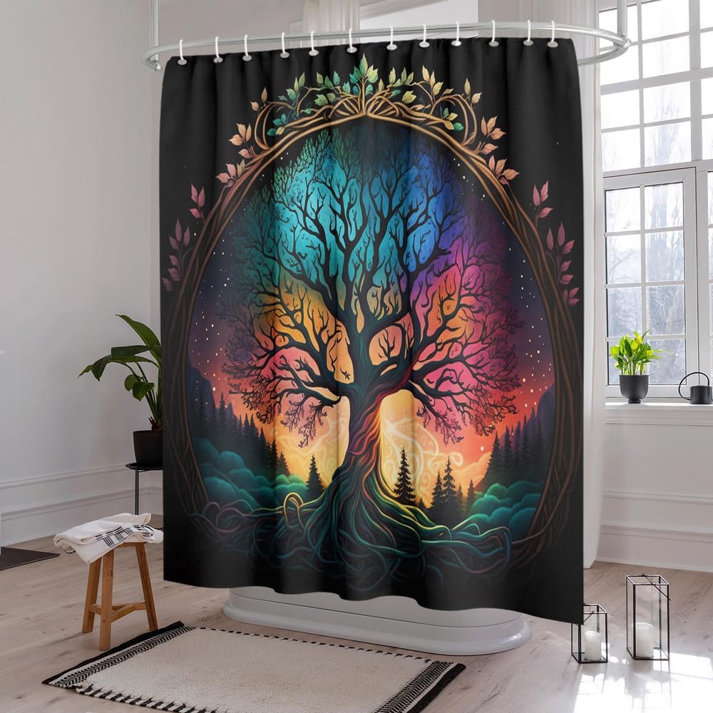 Black Shower Curtain Life Tree Sky Elephant Neon Fabric Plant Fantasy Art Bathroom Curtain For Women Bathtub Decoration