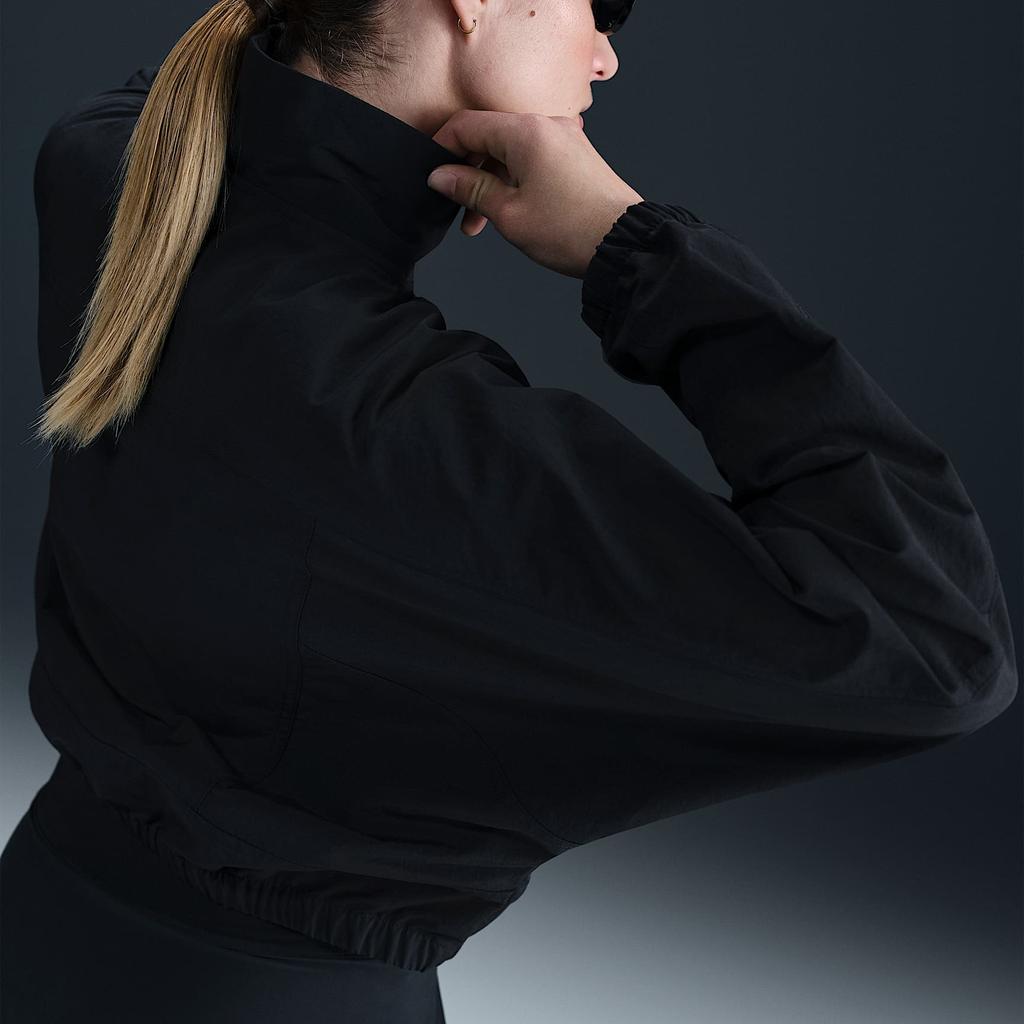 Nike Logo Printed Zip-Up Stand Collar Loose Short Sleeve Jacket Women jackets Black HJ0999-010