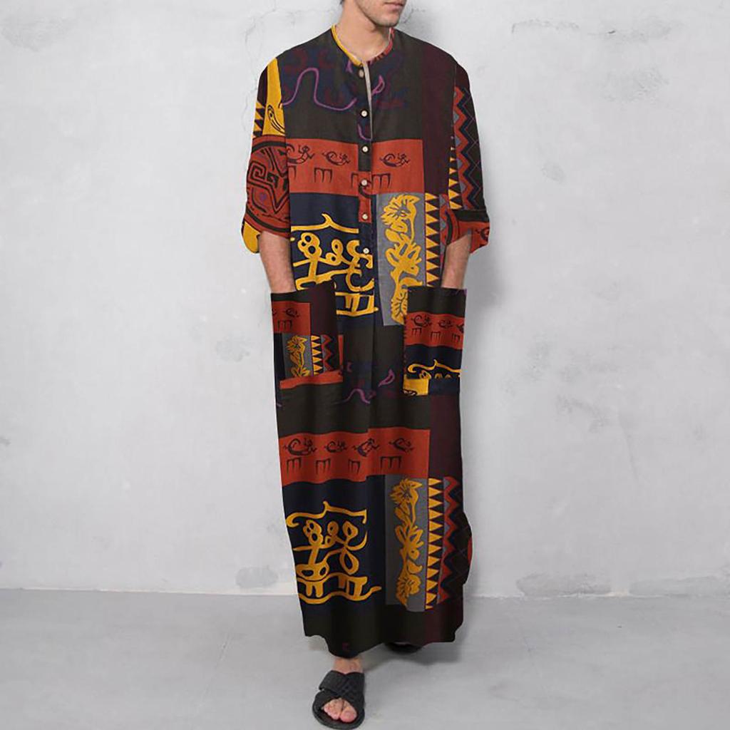 Men's Saudi Arabic Long Sleeve Robe Ramadan Muslim Dress Middle  Islamic Clothing