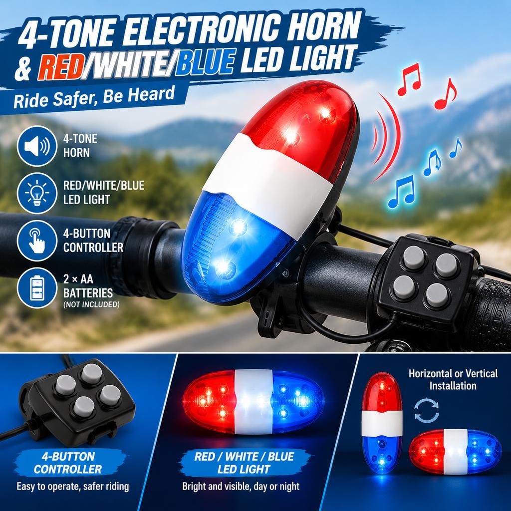 Bike Horn Light with 4-Tone Electronic Horn and LED Warning Light, Handlebar Mount, Fits <=24mm Bars, Batteries Not Included