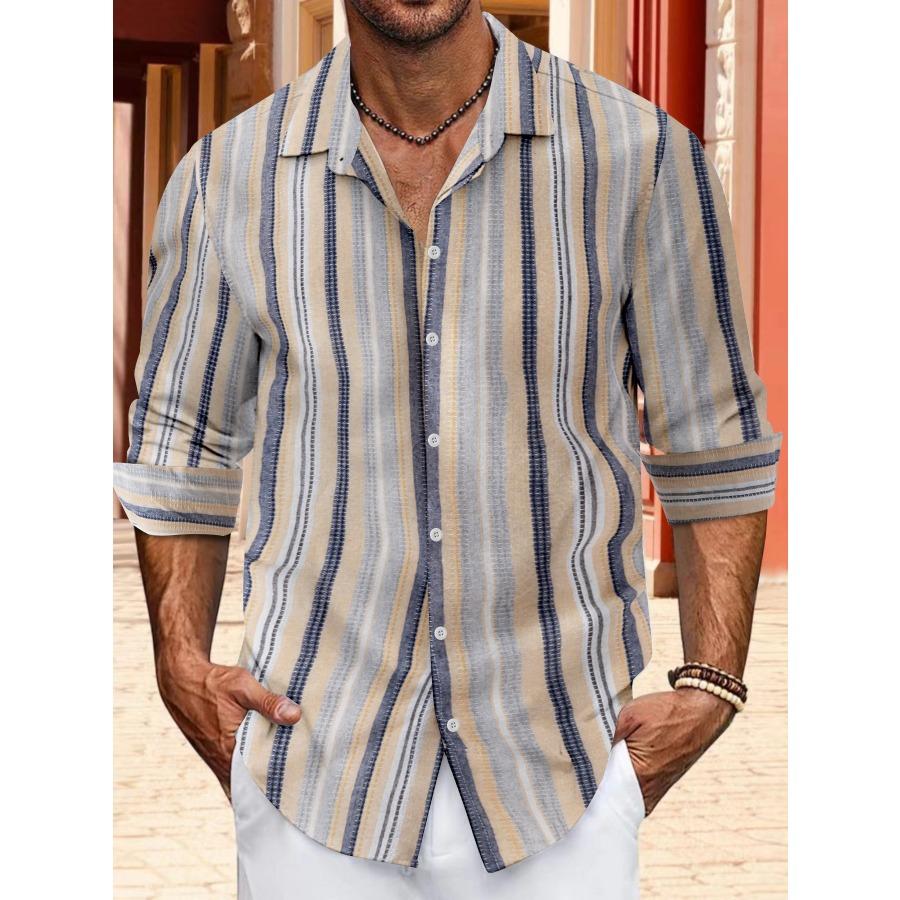 European Size Top Spring Autumn Striped Shirts Button Up Men's Casual Lapel Collar Long Sleeve Shirt