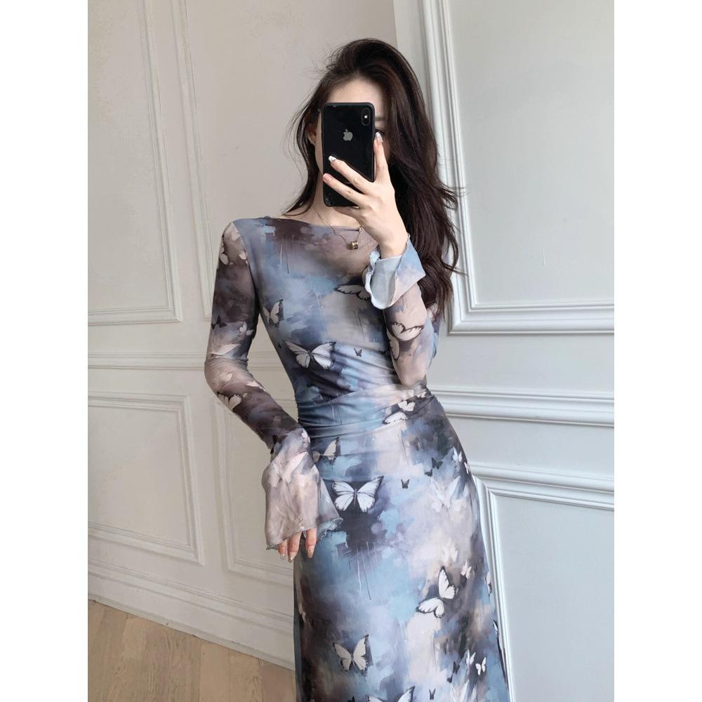 Autumn and Winter New Cold Mesh Yarn Long-sleeved Hip-wrapped Long Dress Butterfly Ink Printing Slim-fitting Long-sleeved Dress