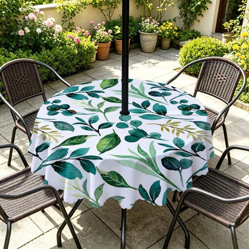 Outdoor Round Tablecloth With Umbrella Hole Waterproof Oil Resistant Floral Leaf Patio Garden Deck