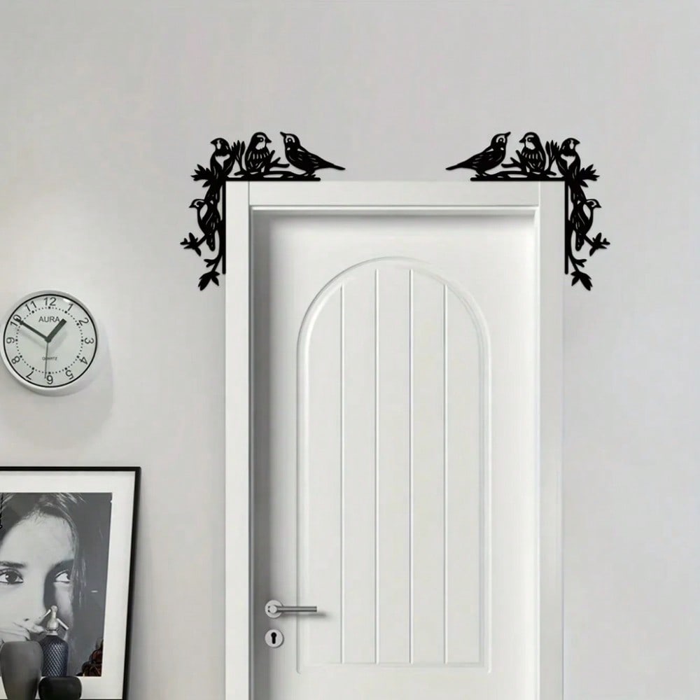 Metal Bird Wall Decor, Black Plant Corner Art, Iron Craft Door Frame Ornament, Housewarming Gift