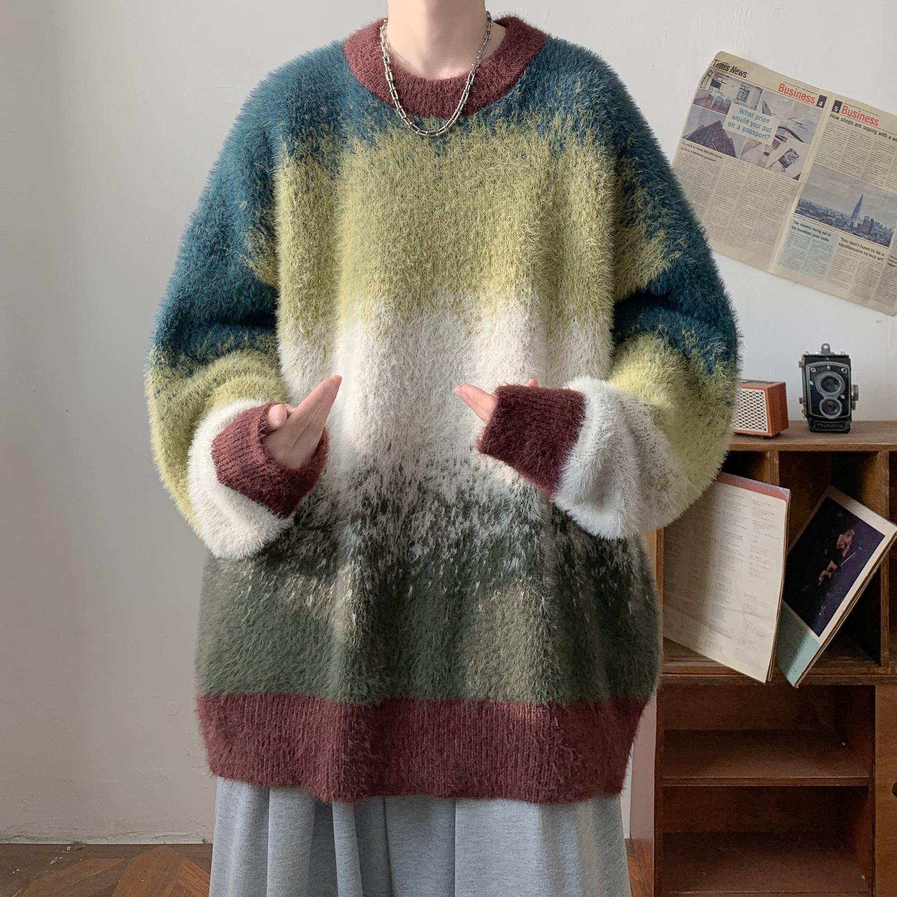 

Трендовый мужской свитер контрактного цвета 2024 года, флисовый трикотажный свитер с круглым вырезом, топы для мужчин, зимний модный вязаный пуловер с длинным рукавом XL зелёный