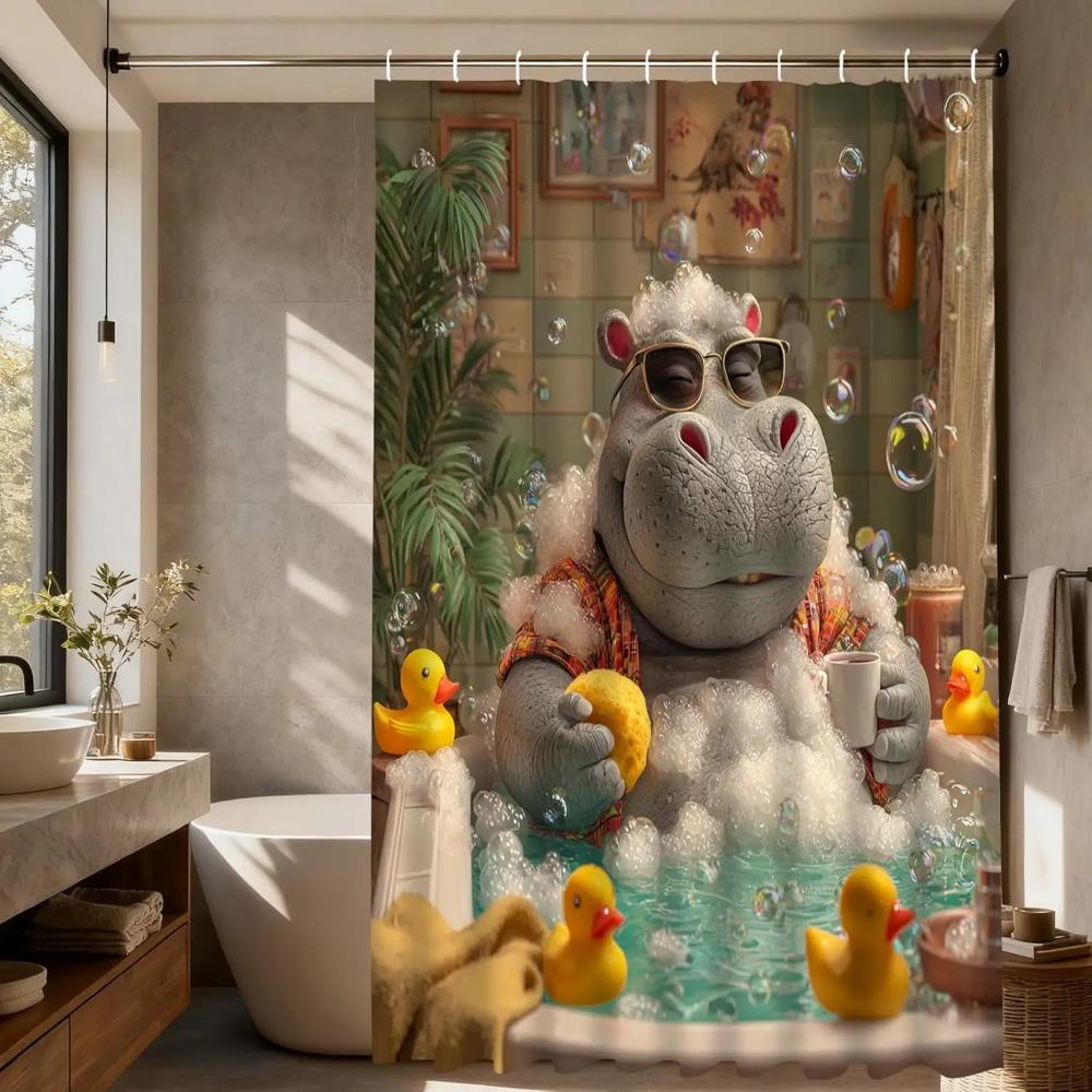 Hippo Bath Time Printed Shower Curtain Funny Animal Artwork For Relaxing Bathroom Decor