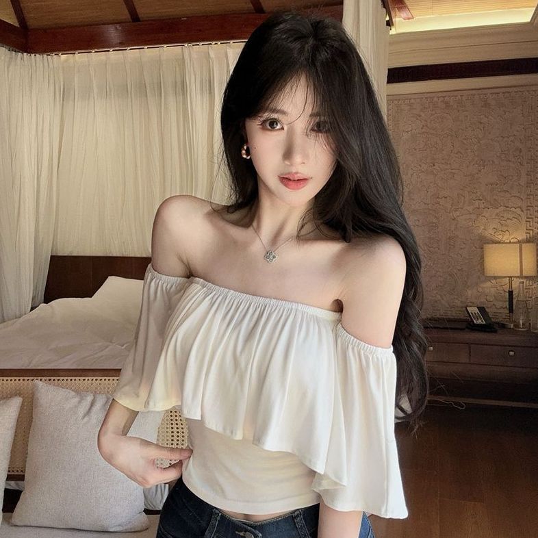 One-word Shoulder Ruffle Edge Super Fairy Short-sleeved T-shirt Women's Summer Pure Desire Hot Girl Sexy Off-the-shoulder Top Is Huge and Beautiful