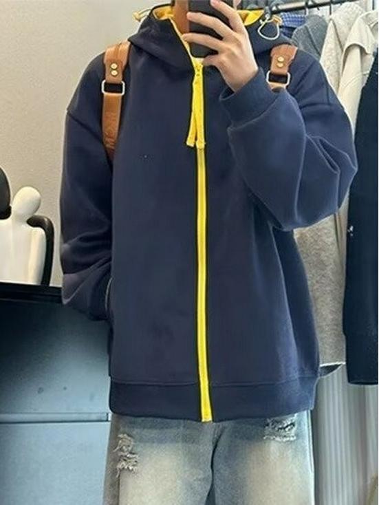 LOGO Unisex Färgblockerad Huvtröja med Dragkedja: Trendig Höst Casual Jacka