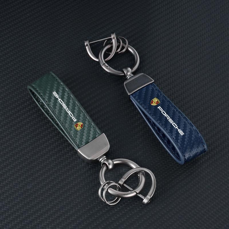 Car Carbon fiber Leather Keychain 3D Emblem Key Ring For Porsche Panamera Cayenne Taycan 911 718 Macan Carrera-GT 928 944 968