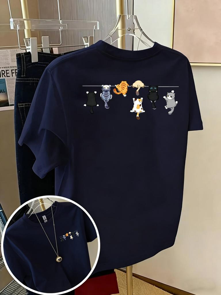 Cartoons Cats Prints T-Shirts Summer Womens Cotton T Shirts Basic O-Neck Oversized Short Sleeve Tops Casual Street Woman Clothes
