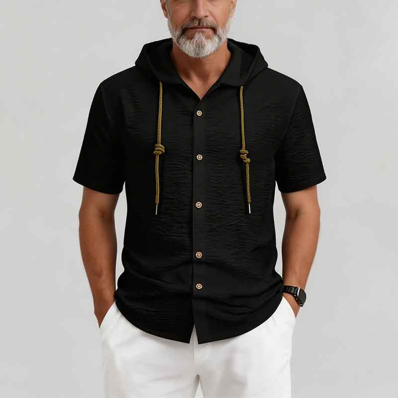 Men s White Textured Hooded Short Sleeve Button Up Shirt S